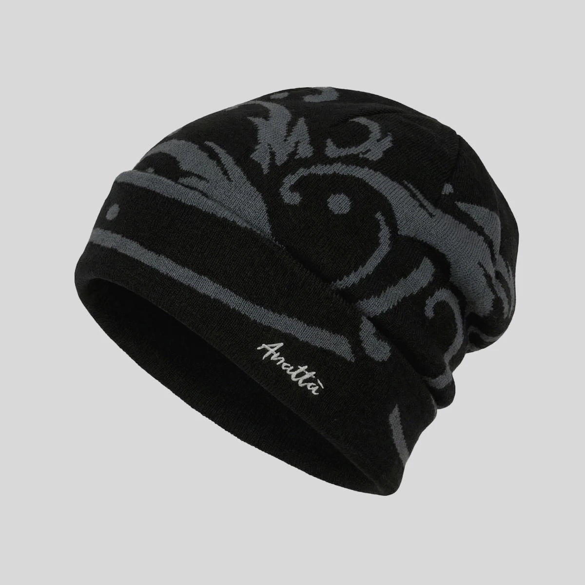 Black beanie with great wave pattern on a light gray background - Anatta Streetwear