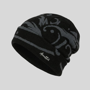 Black beanie with great wave pattern on a light gray background - Anatta Streetwear
