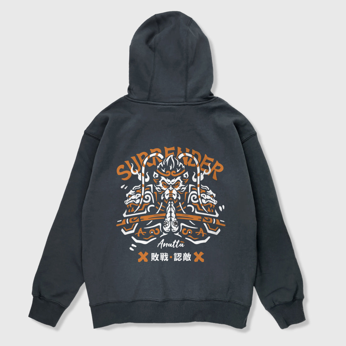 A Japanese-style dark grey hoodie featuring a graphic design of Sun Wukong Surrendering, printed on the back - Anatta Streetwear. Perfect for fans of Chinese mythology and street fashion