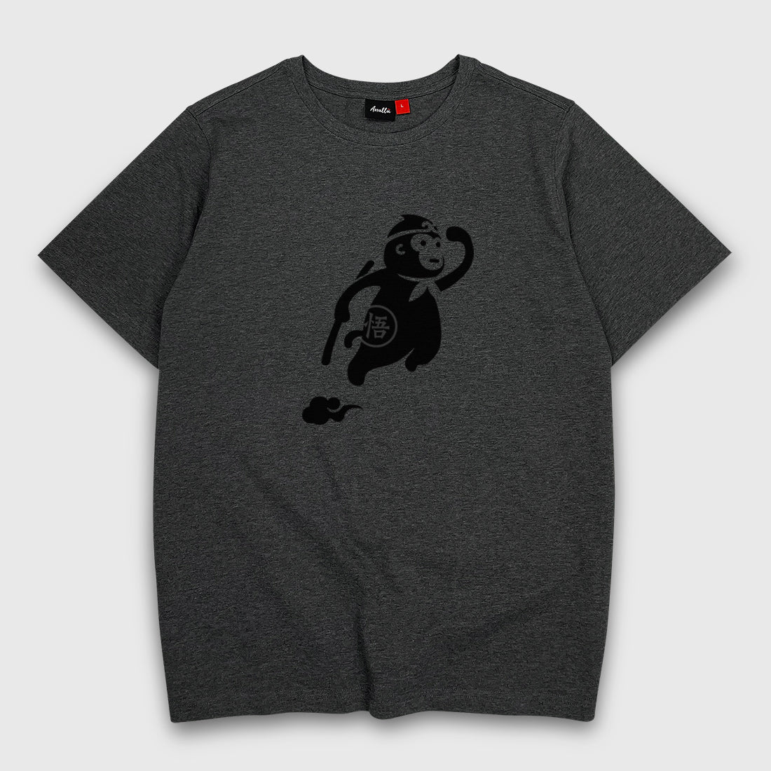 a Japanese style dark grey heavyweight T-shirt featuring a cute design of the oversized wukong, printed on the front - Anatta Streetwear
