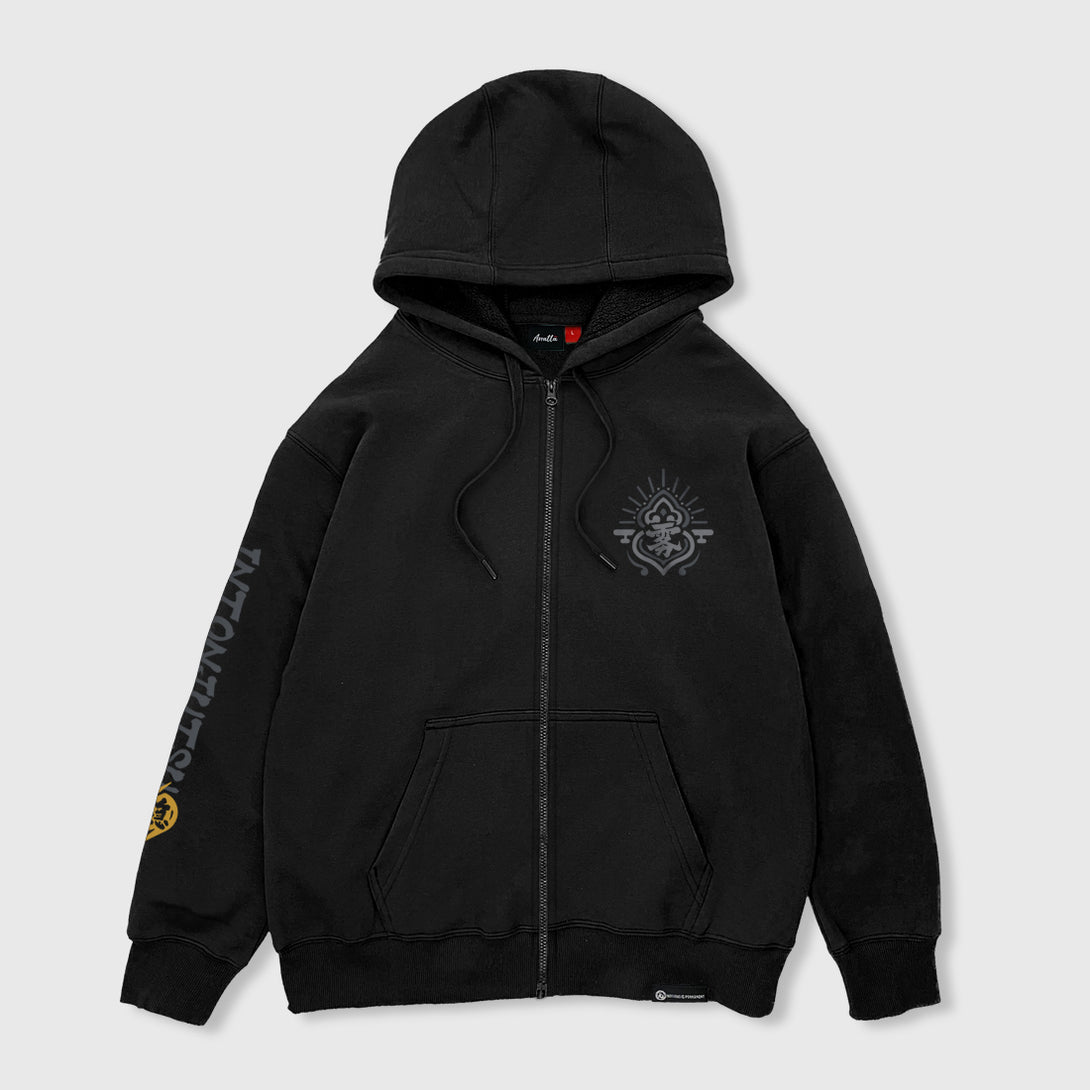 Front view of the Japanese-style black zip-up hoodie featuring a small graphic design printed on the left chest - Anatta Streetwear. Ideal for street fashion enthusiasts