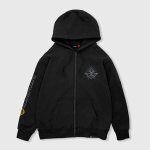 Front view of the Japanese-style black zip-up hoodie featuring a small graphic design printed on the left chest - Anatta Streetwear. Ideal for street fashion enthusiasts