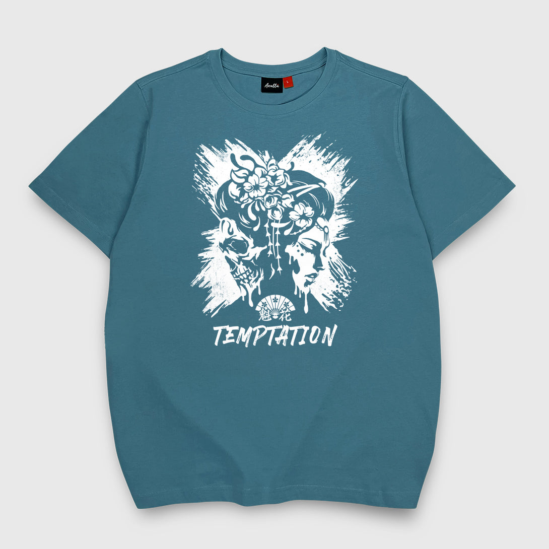 Oiran X Temptation - a Japanese style blue stone heavyweight T-shirt featuring the design that combines oiran with a skull printed on the front