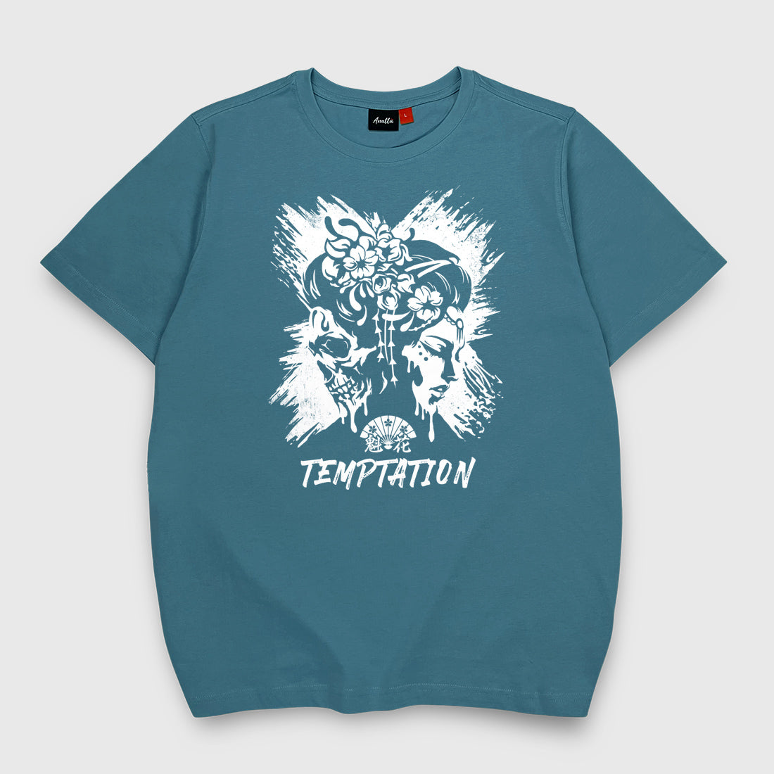 Oiran X Temptation - a Japanese style blue stone heavyweight T-shirt featuring the design that combines oiran with a skull printed on the front