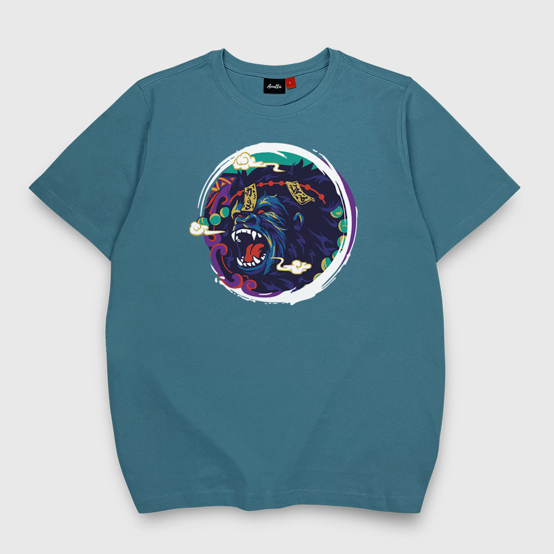 Roaring Ape - a Japanese style blue stone heavyweight T-shirt featuring a design of the ape subdued by Daoist talismans, printed on the front