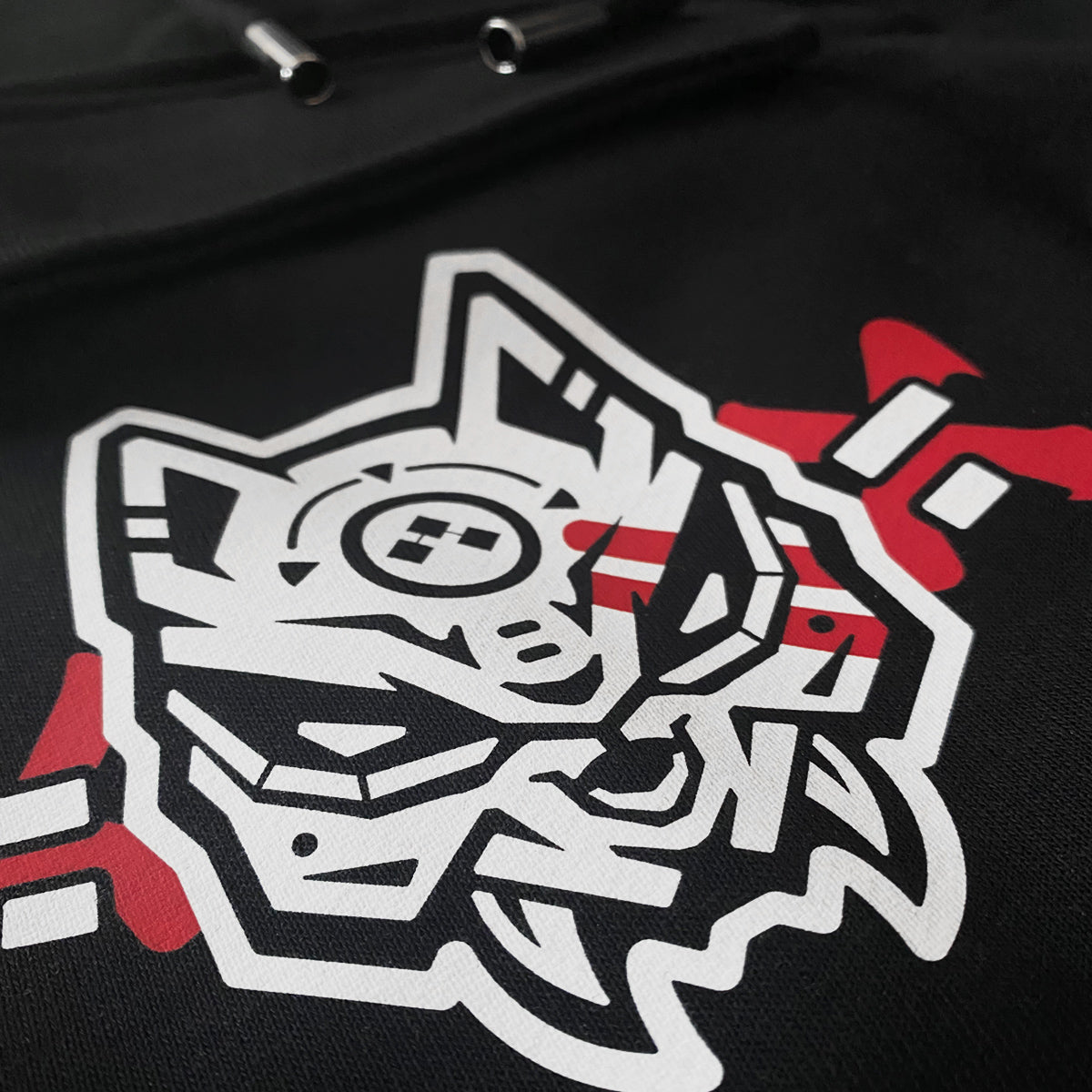 Kitsune Warrior - a close-up of the original design printed on the Japanese style black flap pocket pants-1