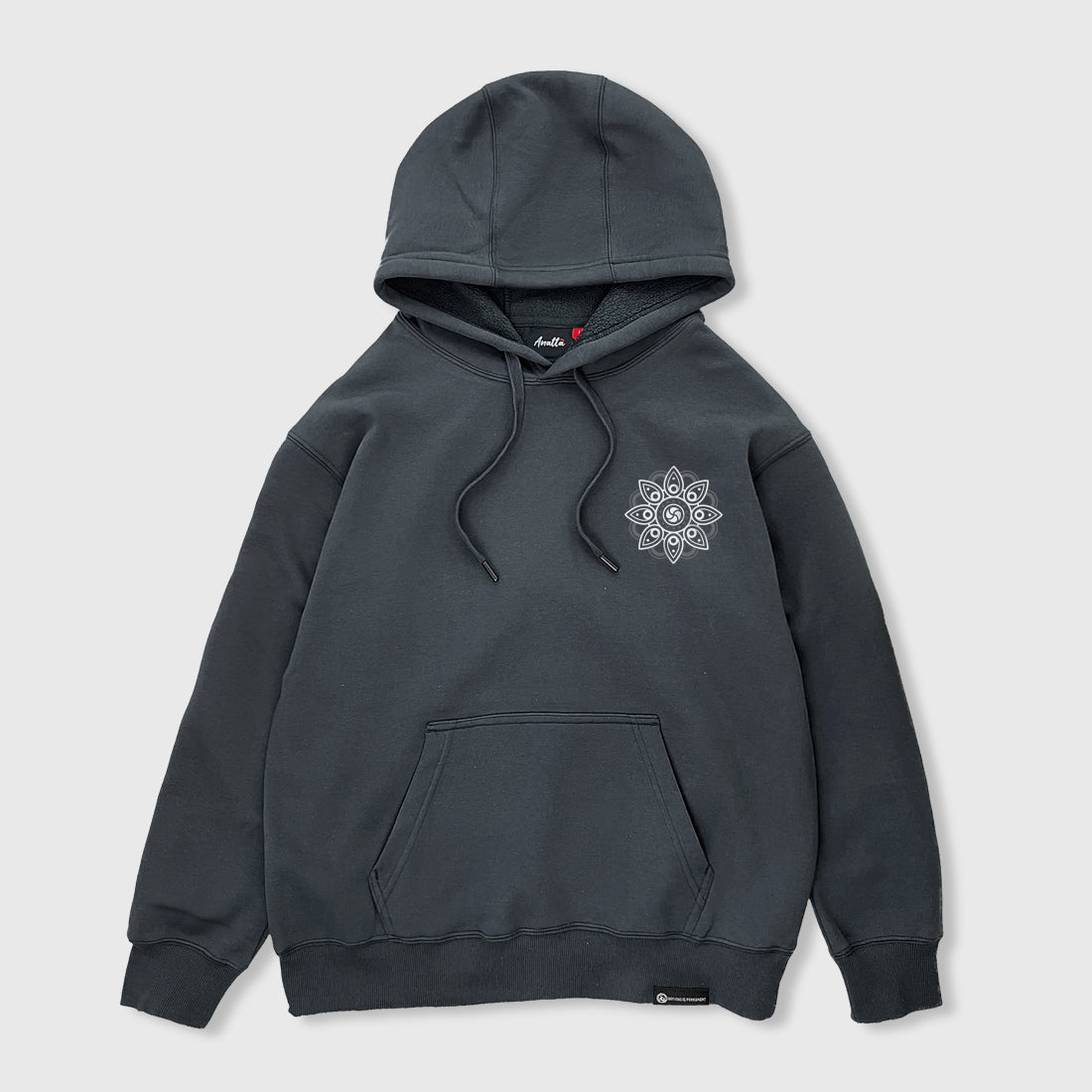 Vajra- Front view of the Japanese style dark grey hoodie, featuring a small graphic design on the front