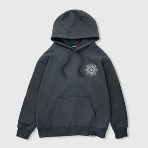 Vajra- Front view of the Japanese style dark grey hoodie, featuring a small graphic design on the front