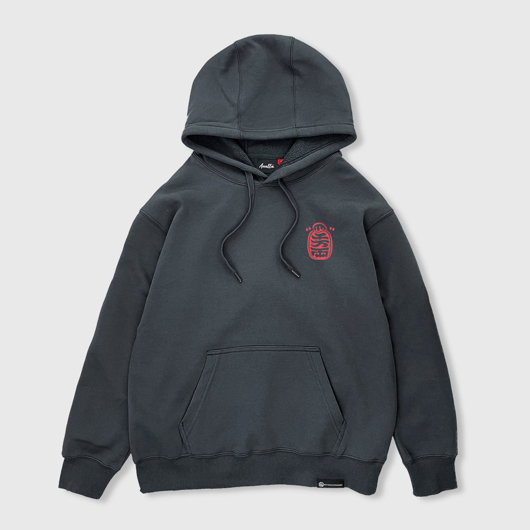 Not to believe in luck - Front view of the Japanese style dark grey hoodie, featuring a small graphic design on the front