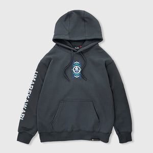 Umarekawari - Front view of the Japanese style dark grey hoodie, featuring a small graphic design printed on the front - Anatta Streetwear