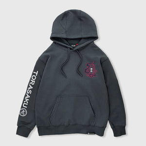 The tiger - Front view of the Japanese style dark grey hoodie, featuring a small graphic design on the front, Japanese characters printed on the right sleeve