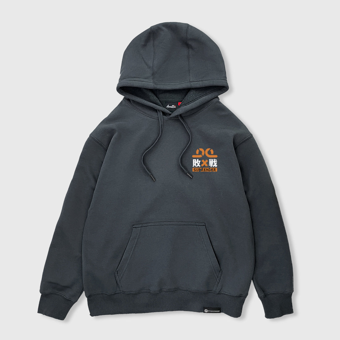Front view of the Japanese-style dark grey hoodie featuring a small graphic design printed on the left chest - Anatta Streetwear. Ideal for street fashion enthusiasts