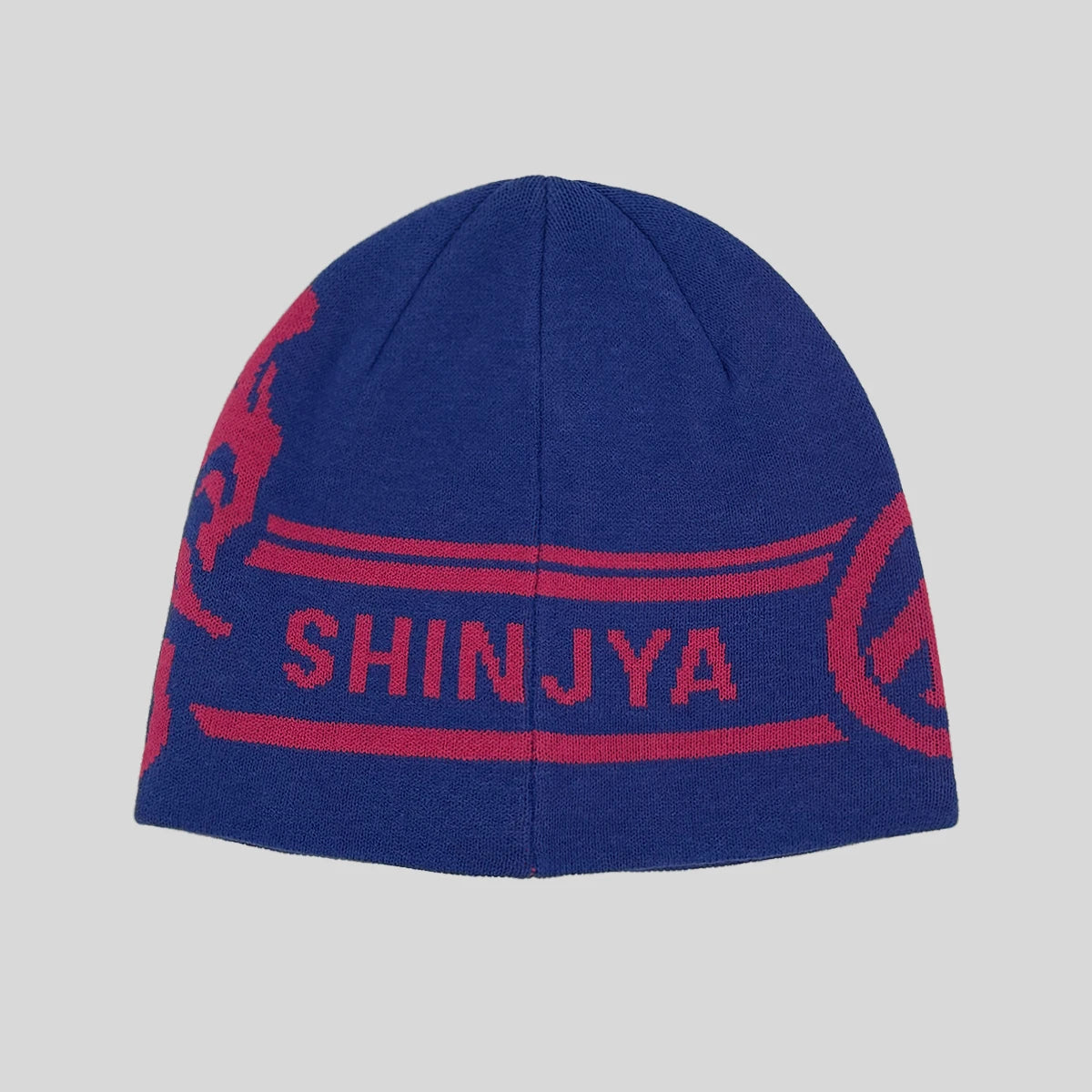 Blue beanie with red graphics and 'SHINJYA' text on a gray background