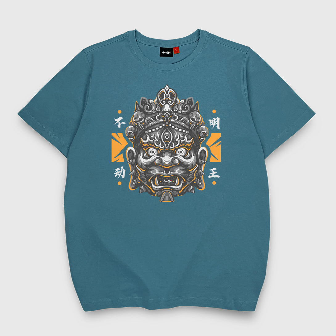 fodo myoo - A Japanese style blue stone heavyweight T-shirt featuring the graphic design of the Japanese buddhist guardian deity-fodo myoo, printed on the front