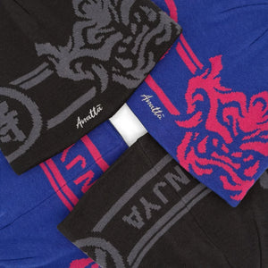 Four graphic toques from Anatta in two colorways displayed together-1