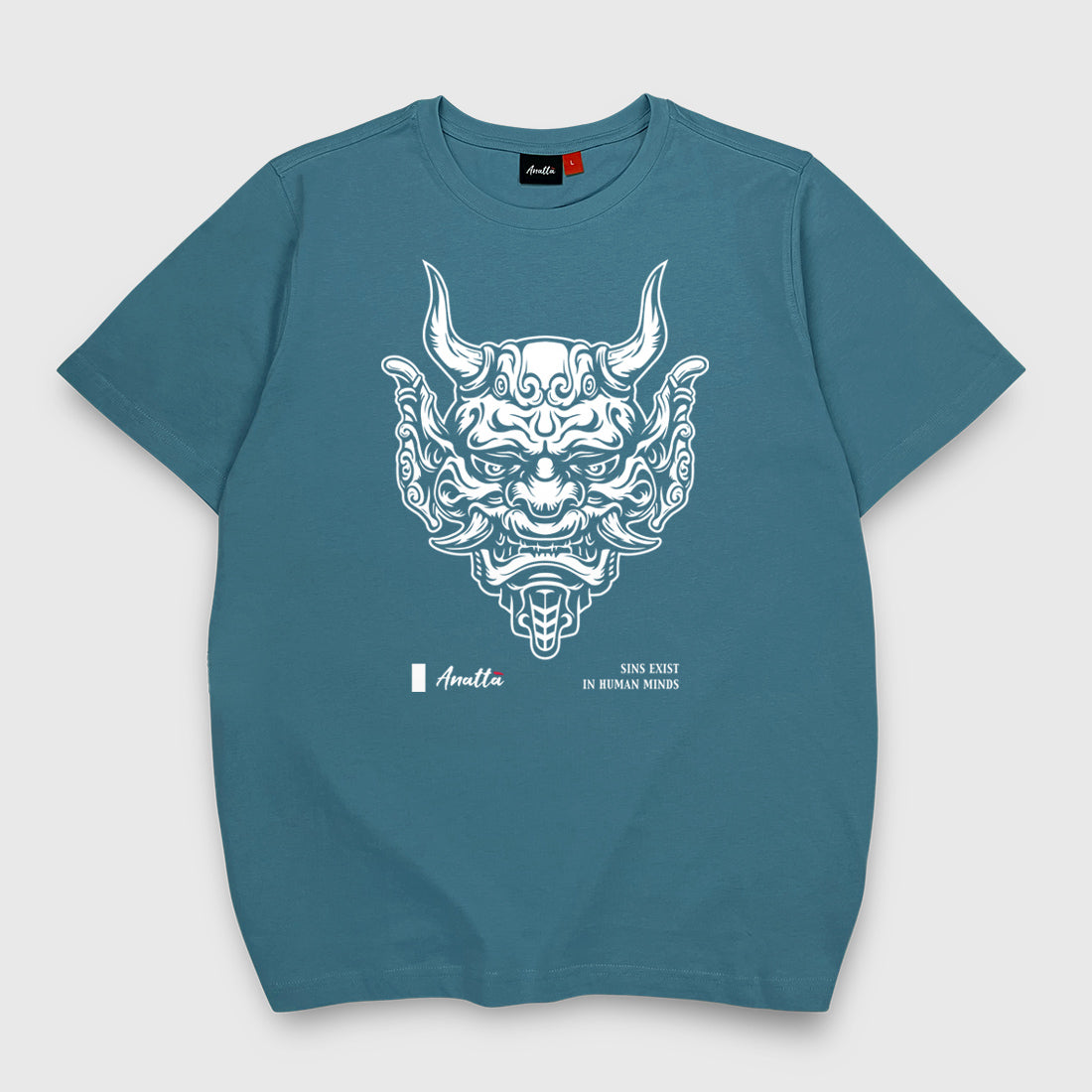 Sins Exist In Human Minds - a Japanese style blue stone heavyweight T-shirt featuring the graphic design inspired by Japanese Oni masks, printed on the front