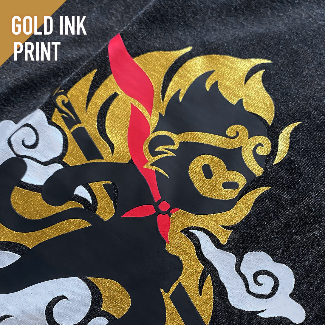 a close up of the special edition wukong tee - vintage wash - gold ink print - anatta streetwear 