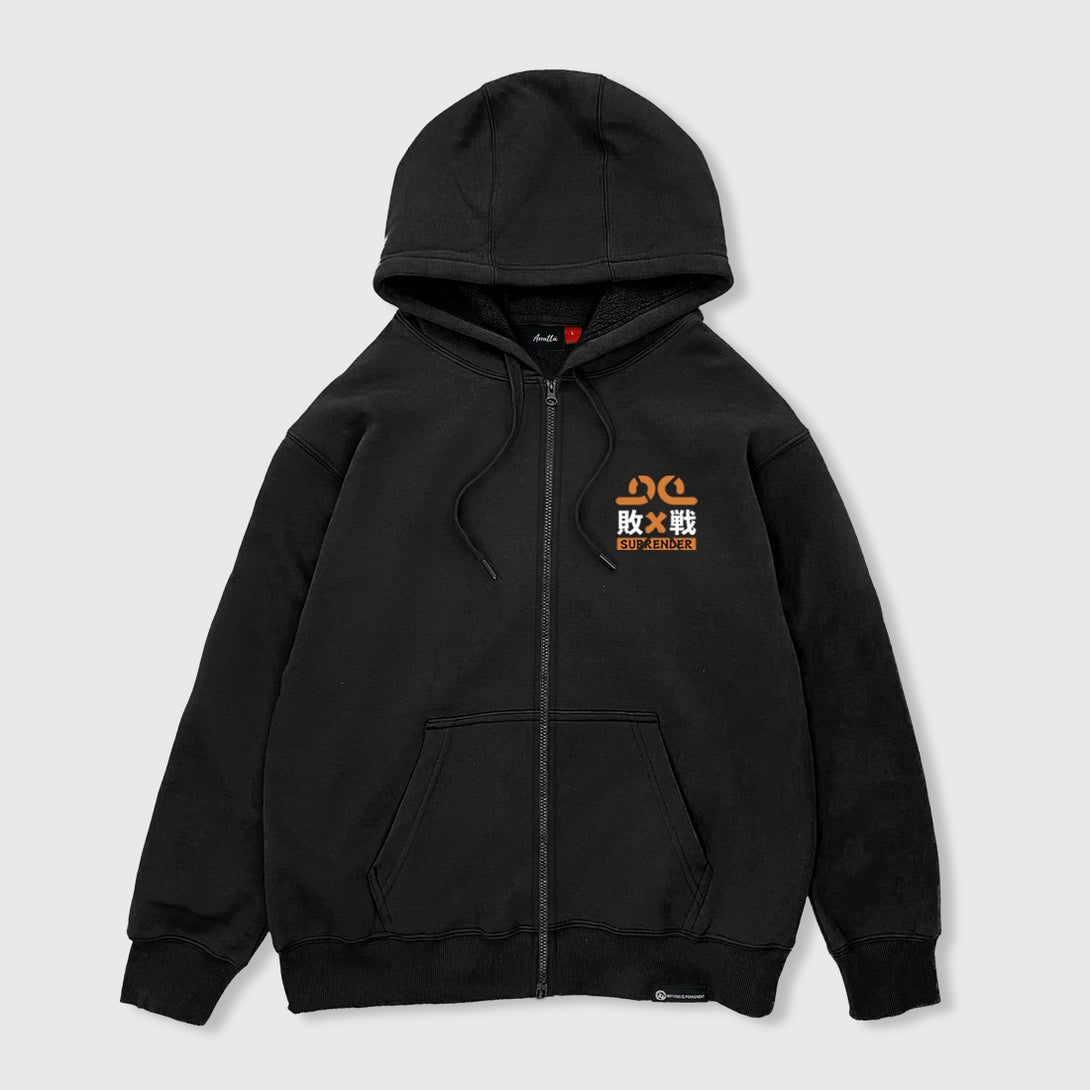Front view of the Japanese-style black zip-up hoodie featuring a small graphic design printed on the left chest - Anatta Streetwear. Ideal for street fashion enthusiasts