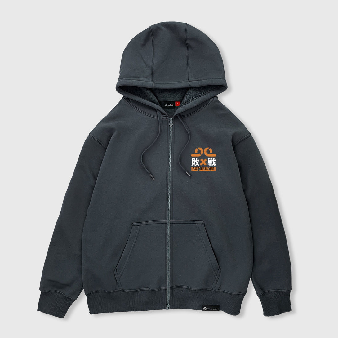 Front view of the Japanese-style dark grey zip-up hoodie featuring a small graphic design printed on the left chest - Anatta Streetwear. Ideal for street fashion enthusiasts