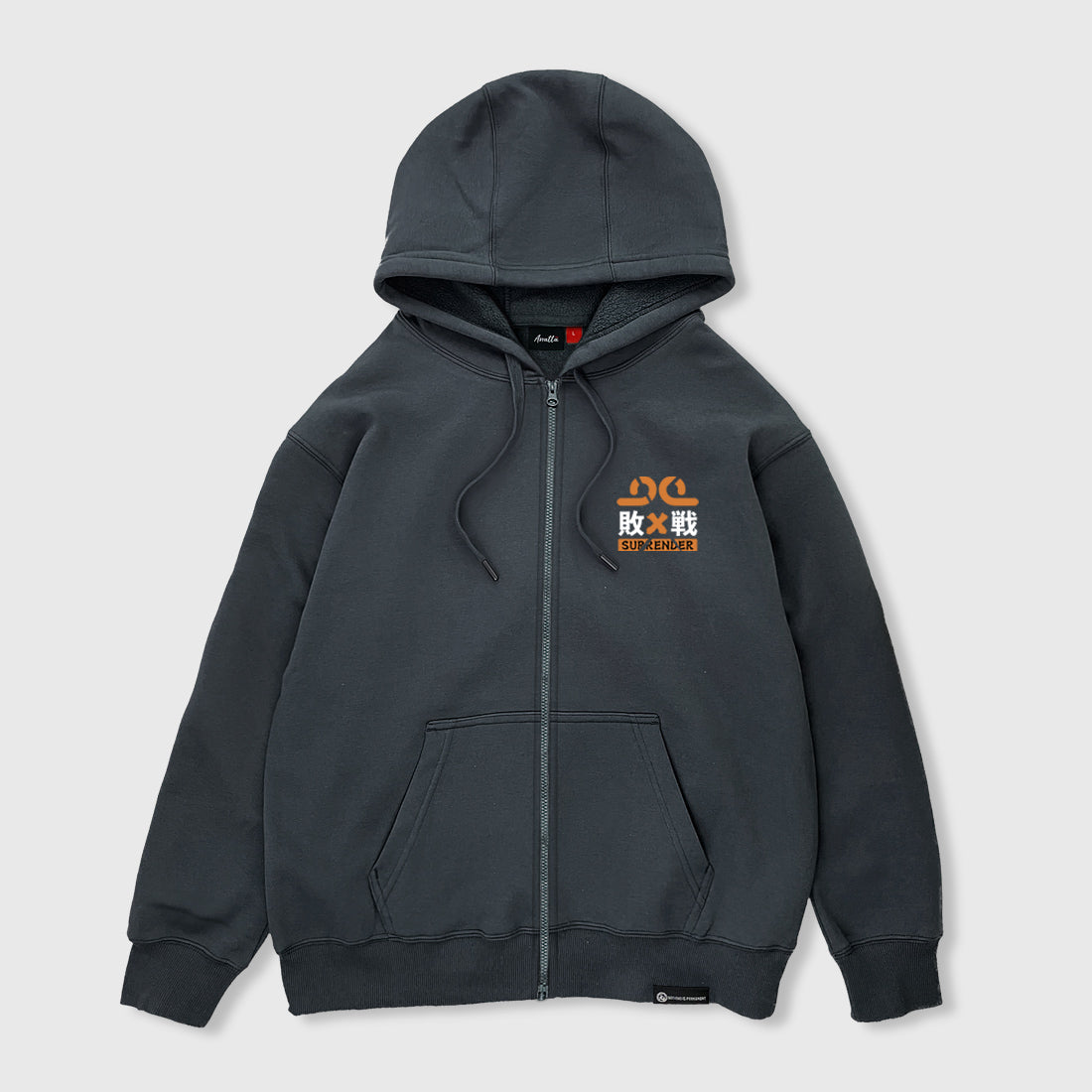 Front view of the Japanese-style dark grey zip-up hoodie featuring a small graphic design printed on the left chest - Anatta Streetwear. Ideal for street fashion enthusiasts