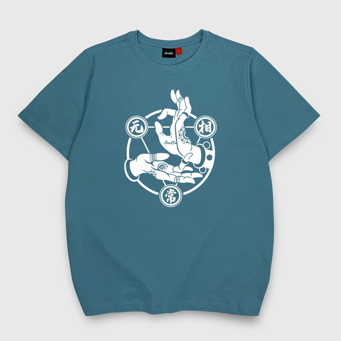 Mudra - A Japanese style blue stone heavyweight T-shirt featuring a graphic design of Buddhism Mudra printed on the front