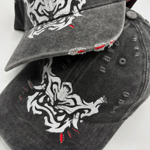 Grey distressed cap with white hannya graphic design on a white background - Anatta Streetwear