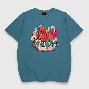 Bull Sumo - a Japanese style blue stone heavyweight T-shirt featuring the design of a Japanese bull sumo, printed on the front