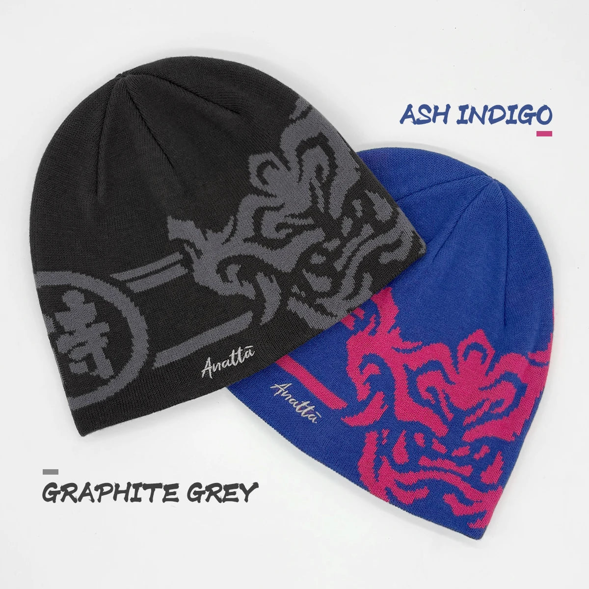 Two beanies, one black and one blue with red pattern, on a white background.