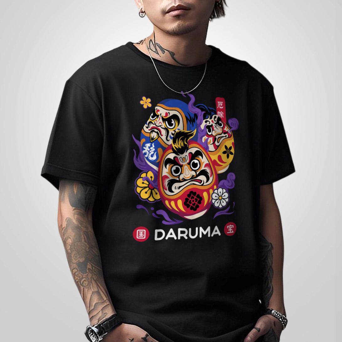 Daruma - a model wearing a Japanese style black heavyweight T-shirt featuring a graphic design of Japanese drama doll printed on the front