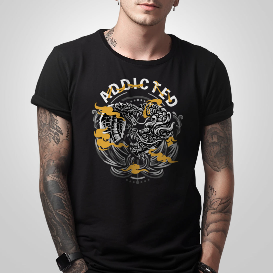 Addiction - a model wearing a Japanese style black heavyweight T-shirt featuring the design of a dragon and a snake in combat, printed on the front