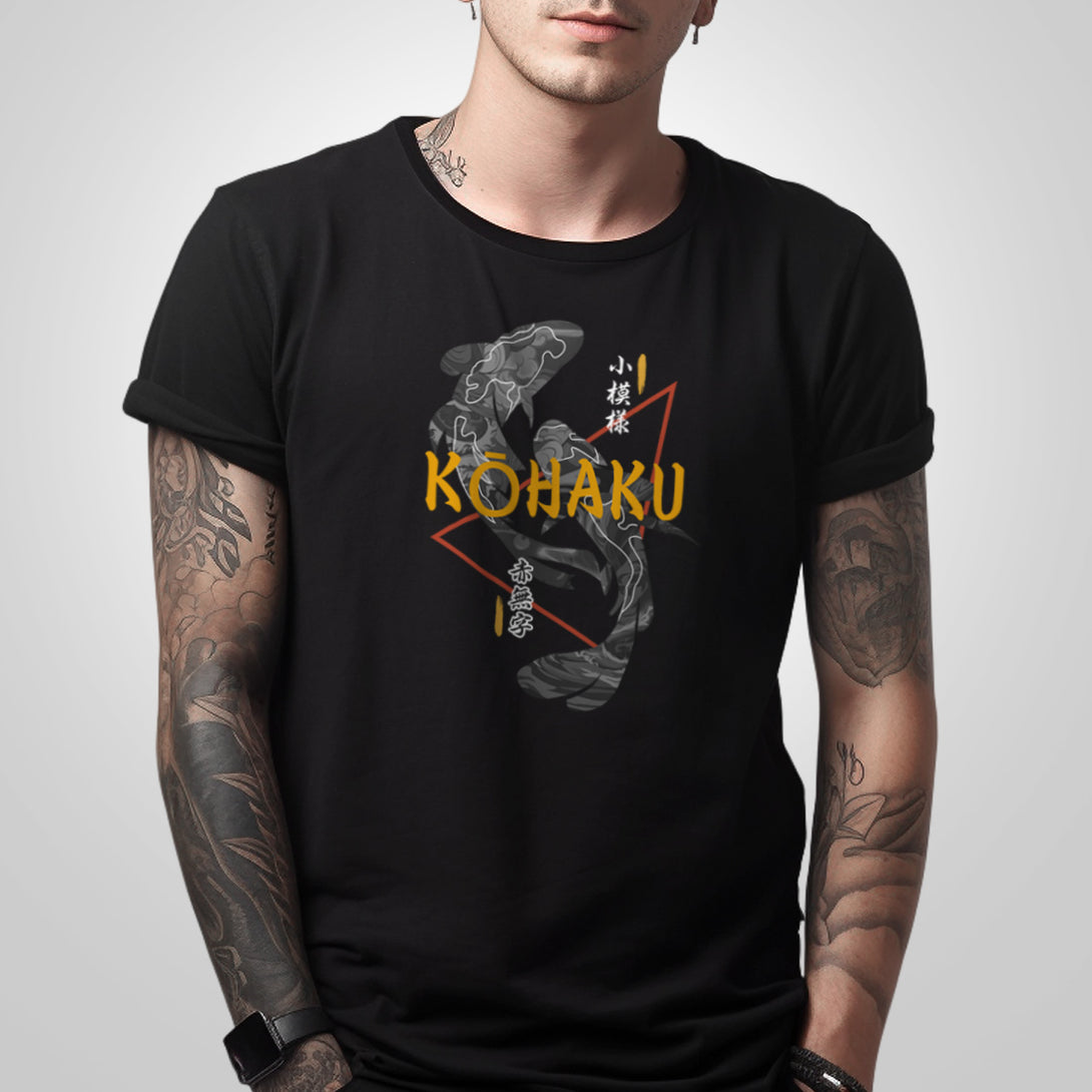 KOI - a model wearing a Japanese style black heavyweight T-shirt featuring a design of traditional Japanese koi fish, printed on the front