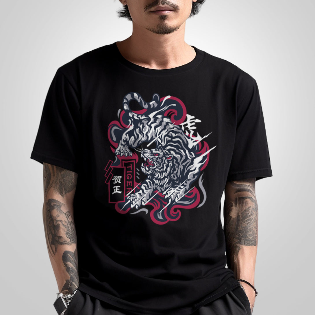 the tiger - a model wearing a Japanese style black heavyweight T-shirt featuring an intricate illustration of a fierce Japanese tiger, printed on the front