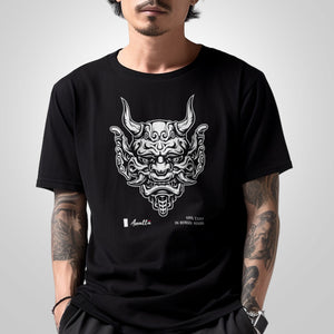 Sins Exist In Human Minds - a model wearing a Japanese style black heavyweight T-shirt featuring the graphic design inspired by Japanese Oni masks, printed on the front