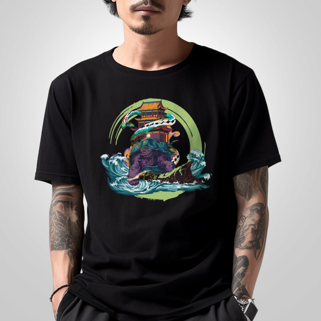 Black Tortoise - a model wearing a Japanese style black heavyweight T-shirt featuring an intricate graphic design of the black tortoise entwined together with a snake, printed on the front