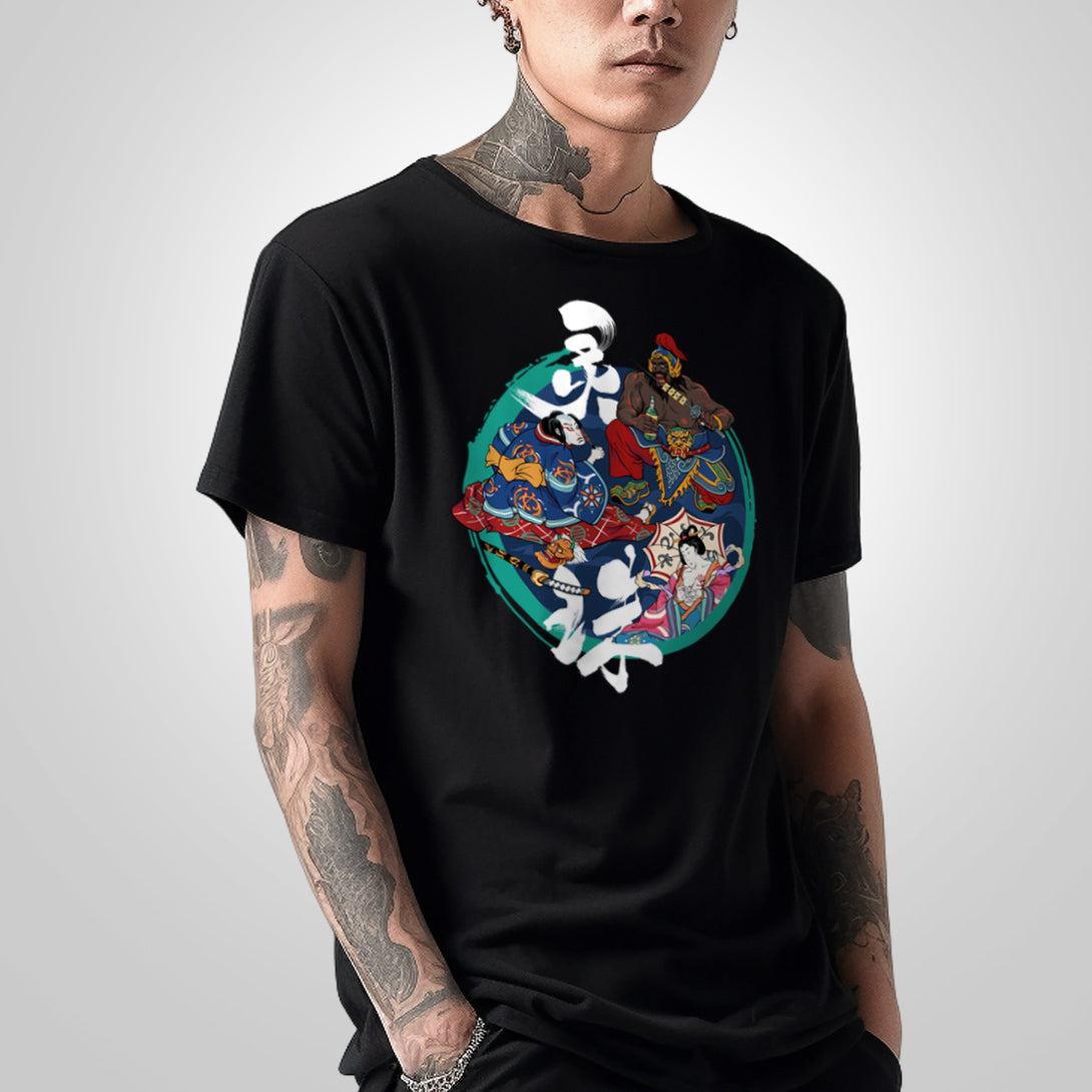 Oriental Youkai - a model wearing a Japanese style black heavyweight T-shirt featuring an exquisite design of deities from Eastern mythology, printed on the front