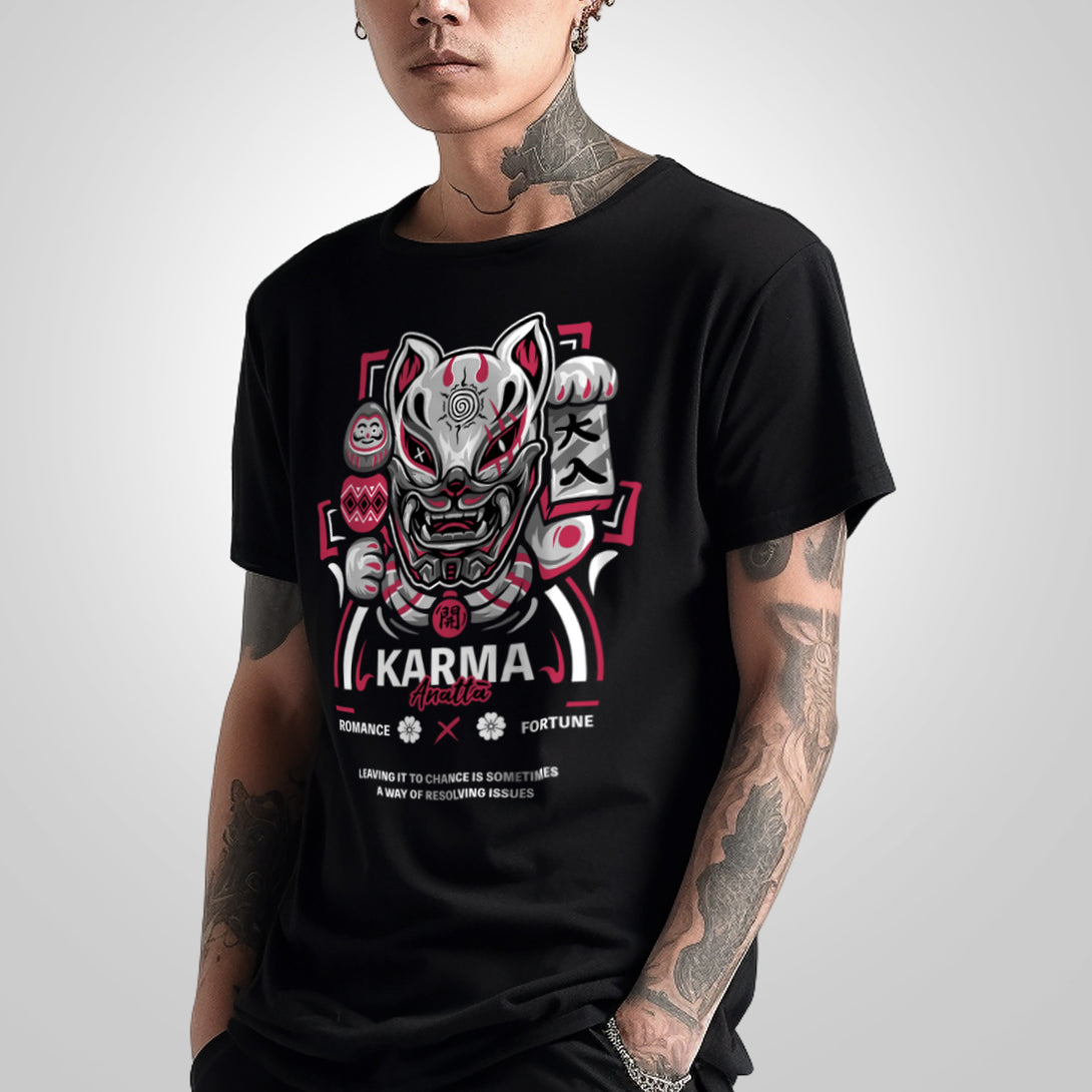 Lucky cat with evil mask - a model wearing a Japanese style black heavyweight T-shirt featuring the graphic design of a japanese style lucky cat with evil mask, printed on the front