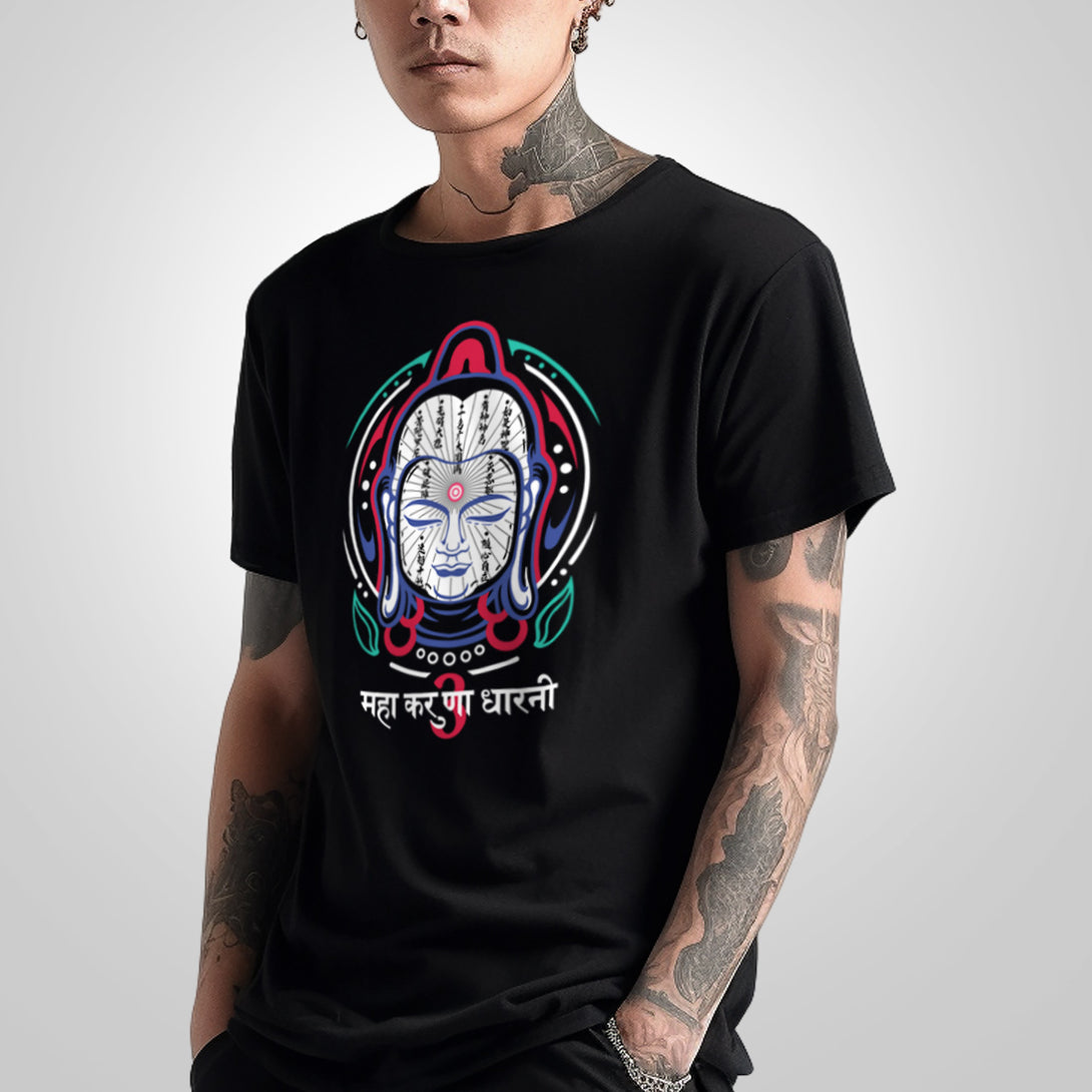 Buddha Head - a model wearing a Japanese style black heavyweight T-shirt featuring the graphic design of a buddha head, printed on the front