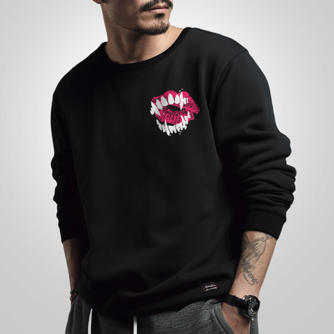 Chimei-teki - a model wearing a black sweatshirt, featuring a design combining red lips with devilish teeth, printed on the left chest.