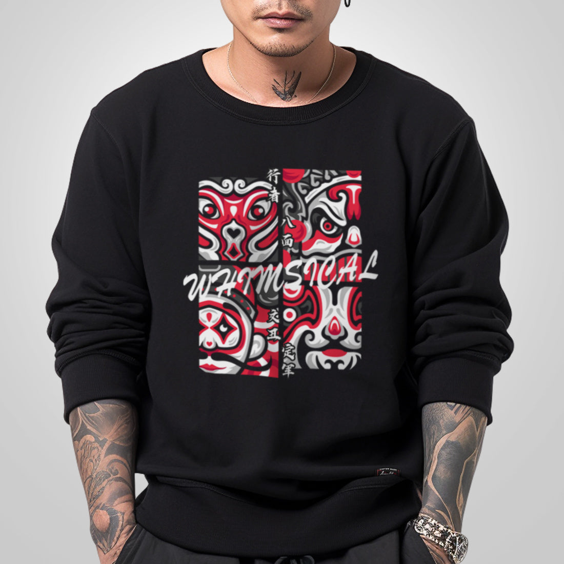 Chinese Opera Masks - a model wearing a black sweatshirt, featuring an illustration design of Chinese Opera facial makeup, printed on the front.