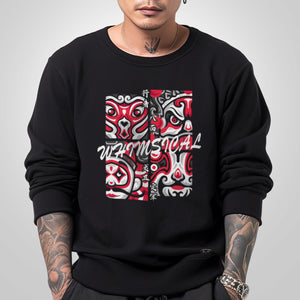 Chinese Opera Masks - a model wearing a black sweatshirt, featuring an illustration design of Chinese Opera facial makeup, printed on the front.