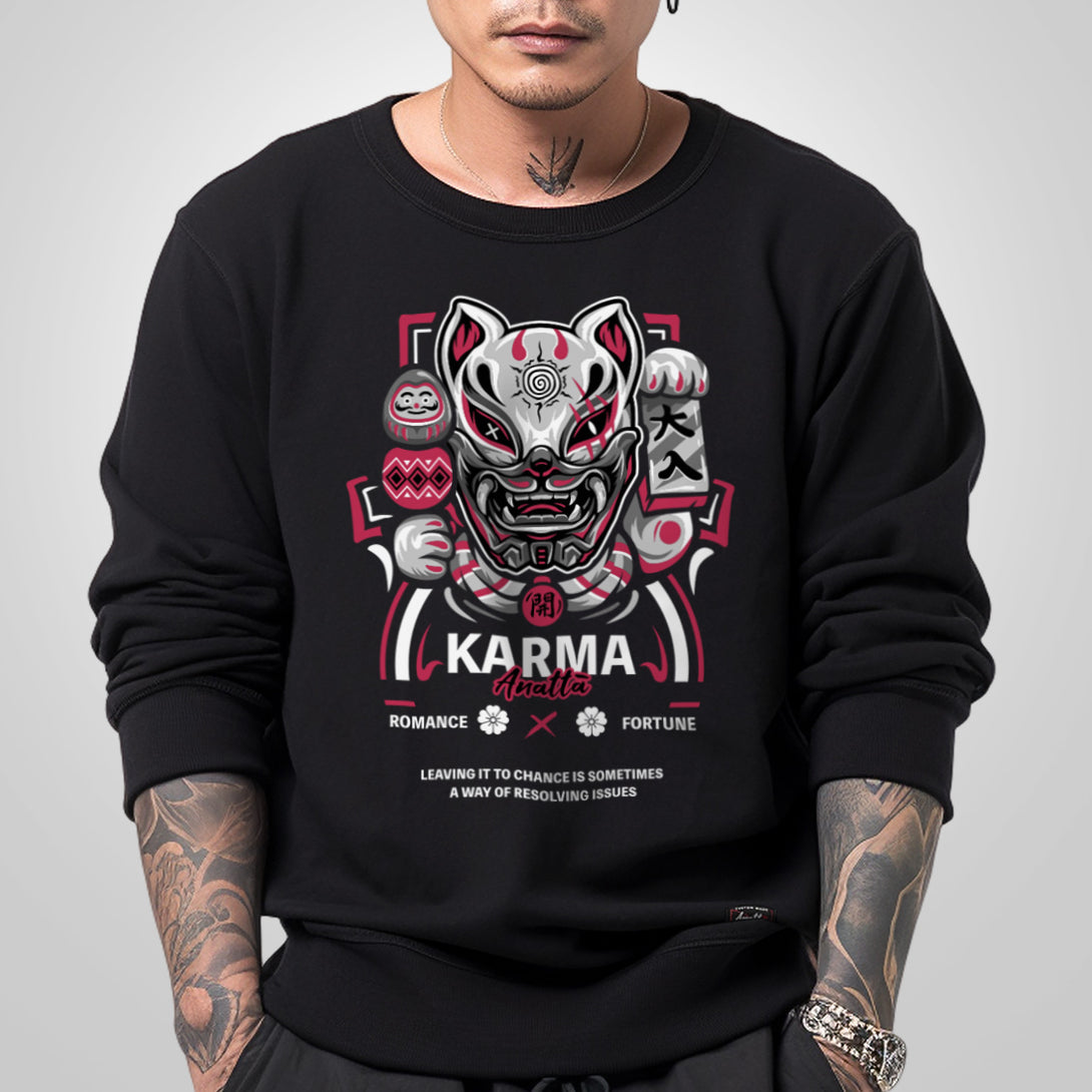 lucky cat with evil mask - a model wearing a black sweatshirt featuring a design of a japanese style lucky cat with evil mask printed on the front