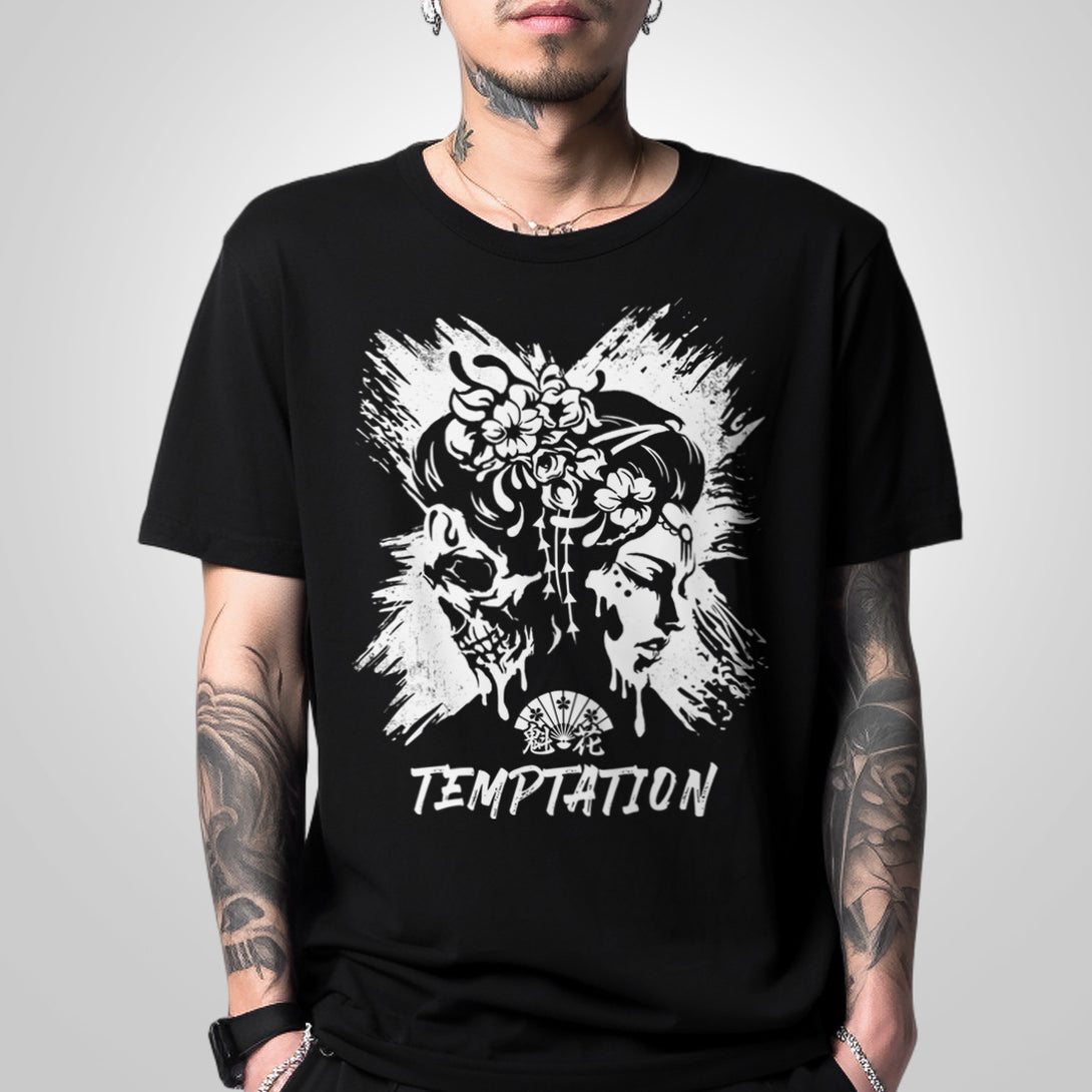 Oiran X Temptation - a model wearing a Japanese style black heavyweight T-shirt featuring the design that combines oiran with a skull printed on the front