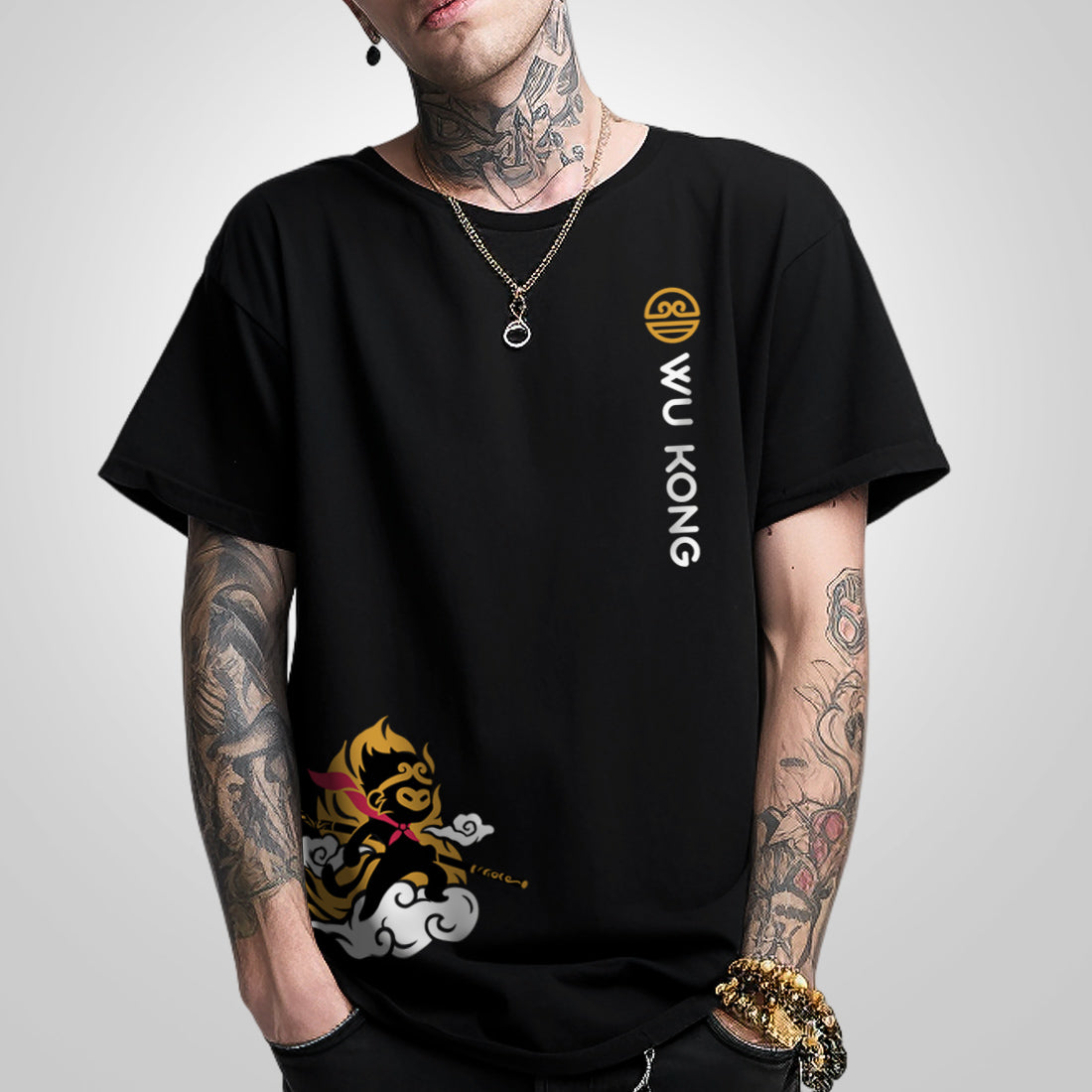 Wukong - a model wearing a Japanese style black heavyweight T-shirt featuring a design of a minimalist style Wukong printed in the bottom right corner. The word Wukong and an icon are printed on the left front
