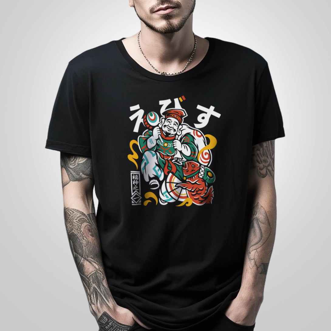 Ebisu - a model wearing a Japanese style black heavyweight T-shirt featuring the Ebisu graphic design, printed on the front