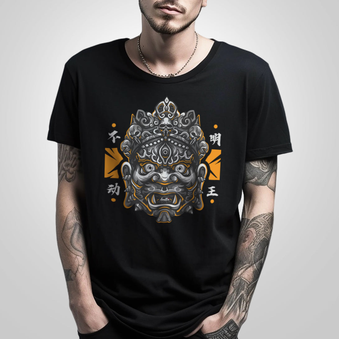 fodo myoo - a model wearing a Japanese style black heavyweight T-shirt featuring the graphic design of the Japanese buddhist guardian deity-fodo myoo, printed on the front