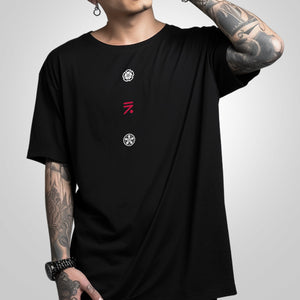 Kamon - a model wearing a Japanese style black heavyweight T-shirt featuring Japanese kamon design, printed on the front