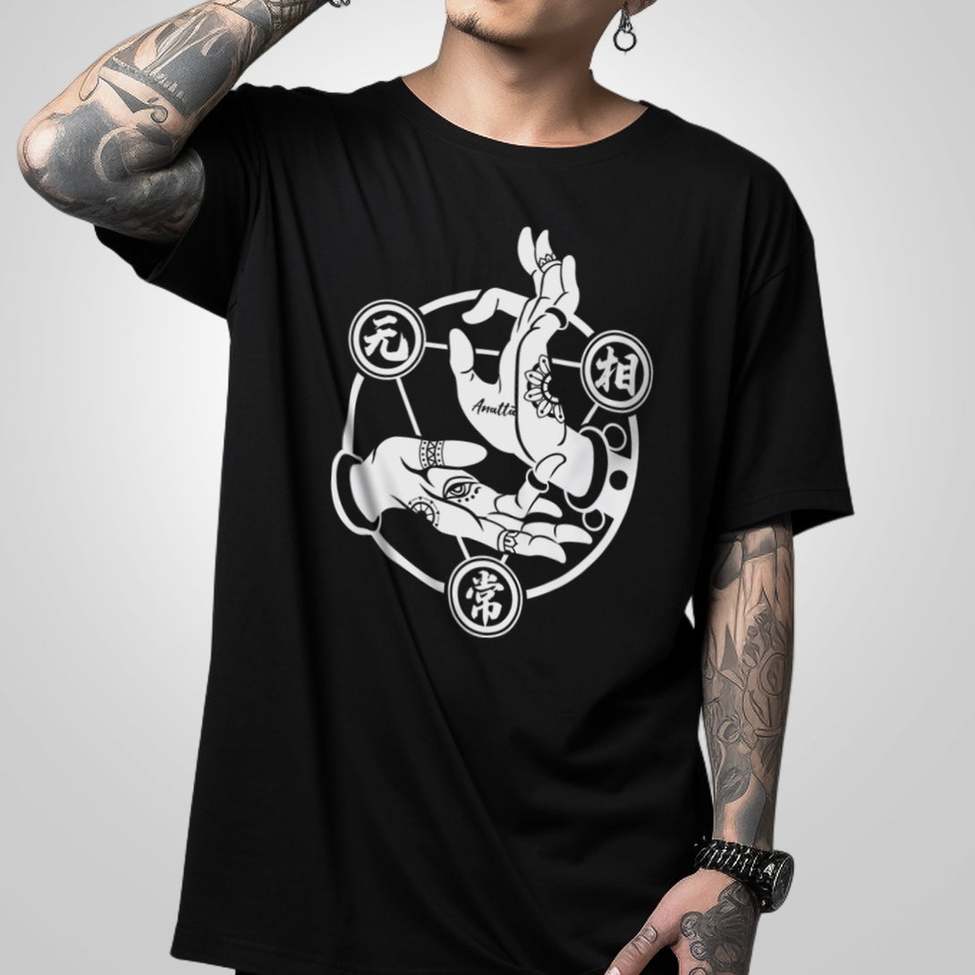 Mudra - a model wearing a Japanese style black heavyweight T-shirt featuring a graphic design of Buddhism Mudra printed on the front