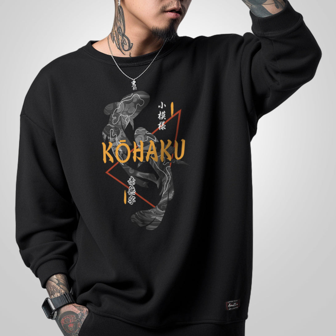 KOI - a model wearing a black sweatshirt, featuring a design of traditional Japanese koi fish, printed on the front