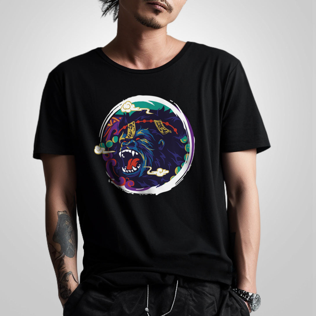 Roaring Ape - a model wearing a Japanese style black heavyweight T-shirt featuring a design of the ape subdued by Daoist talismans, printed on the front