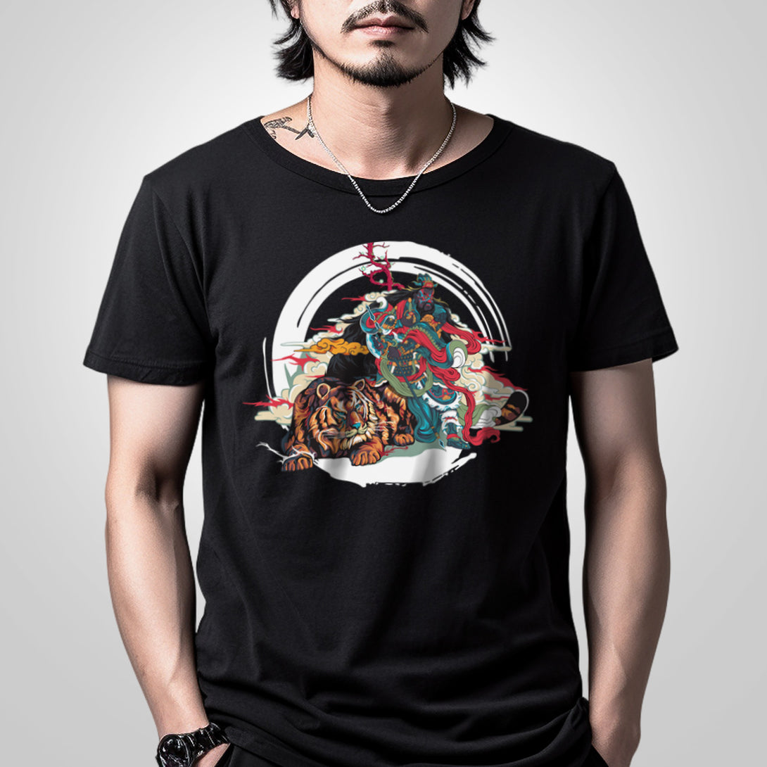 Taming The Tiger - a model wearing a Japanese style black heavyweight T-shirt featuring the intricate graphic design of an Eastern deity taming a fierce tiger, printed on the front.